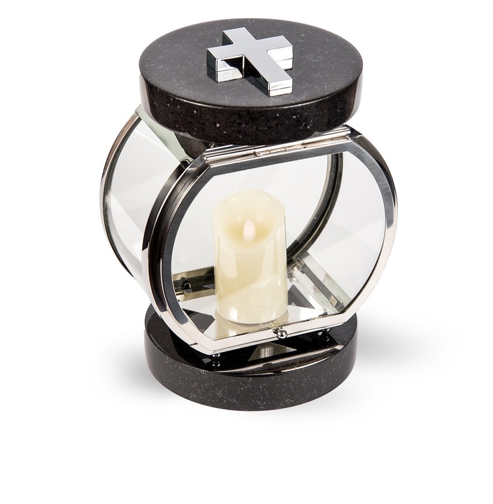 Lampion Na Pomnik Na Nagrobek srebrny stal nierdzewna + czarny granit