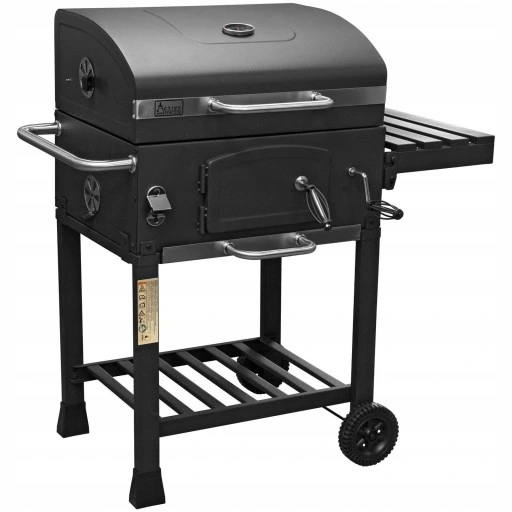 Grill Węglowy na Kółkach z Półką Pokrywą Ogrodowy Przenośny Żeliwny Ruszt
