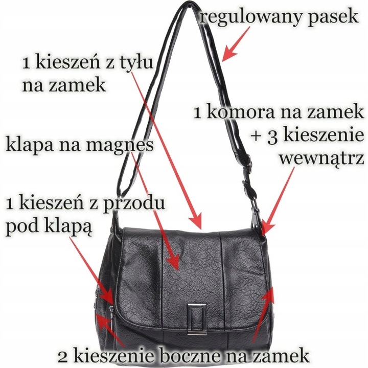 ŚREDNIA TOREBKA DAMSKA LISTONOSZKA Z KLAPKĄ czarny