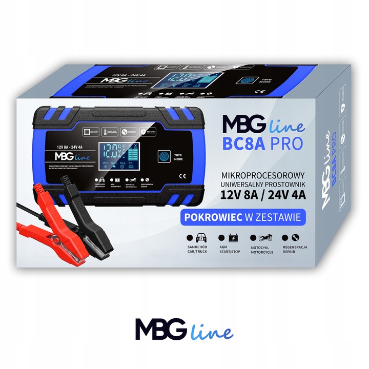 Mocny Prostownik Samochodowy Ładowarka Akumulatora LCD 24V 12V 8A AUTOMAT