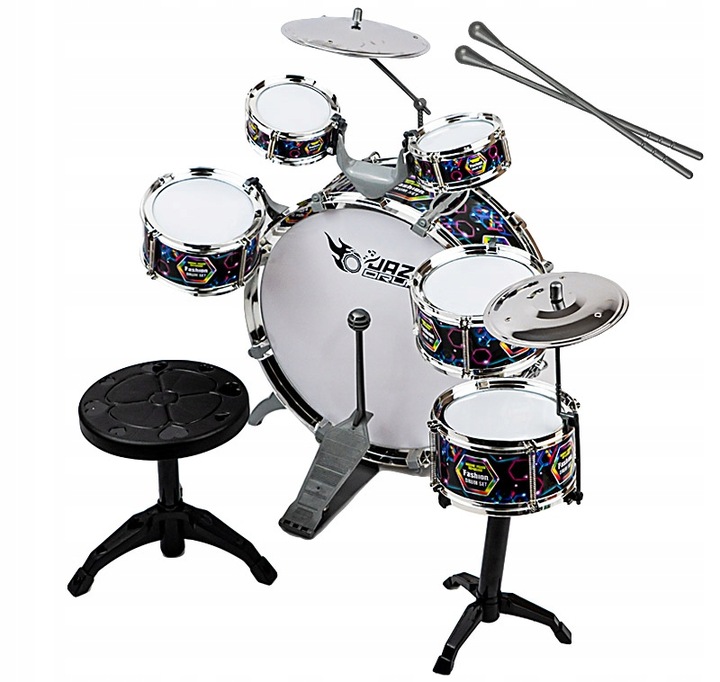 PERKUSJA DUŻA DLA DZIECI ZESTAW 6 BĘBNÓW 2 TALERZE TABORET ZABAWKA MUZYCZNA