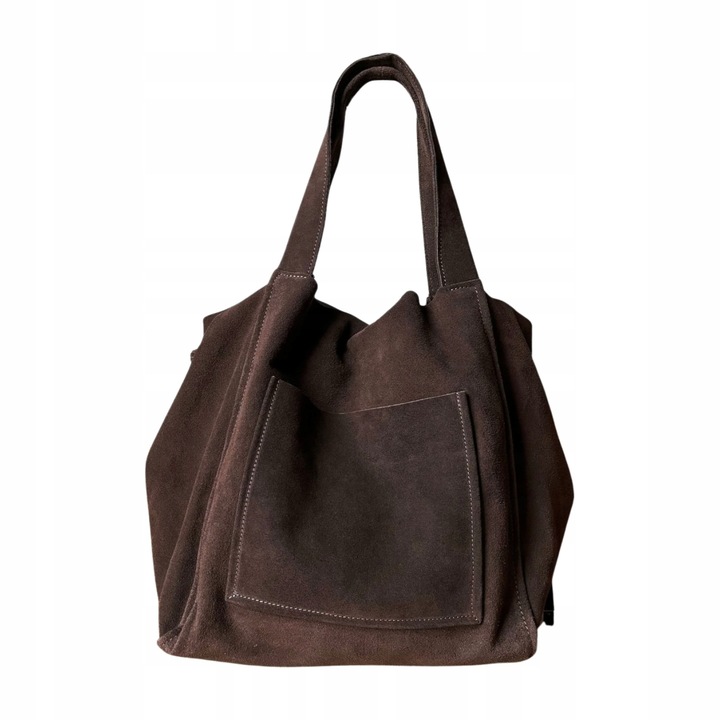 Czekoladowa zamszowa torebka shopper worek XL ZAMSZ NATURALNY Vera Pelle A4