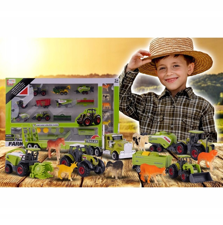 ZESTAW TRAKTOR CIĄGNIK KOMBAJN MASZYNY POJAZDY ROLNICZE ZWIERZĘTA PREZENT