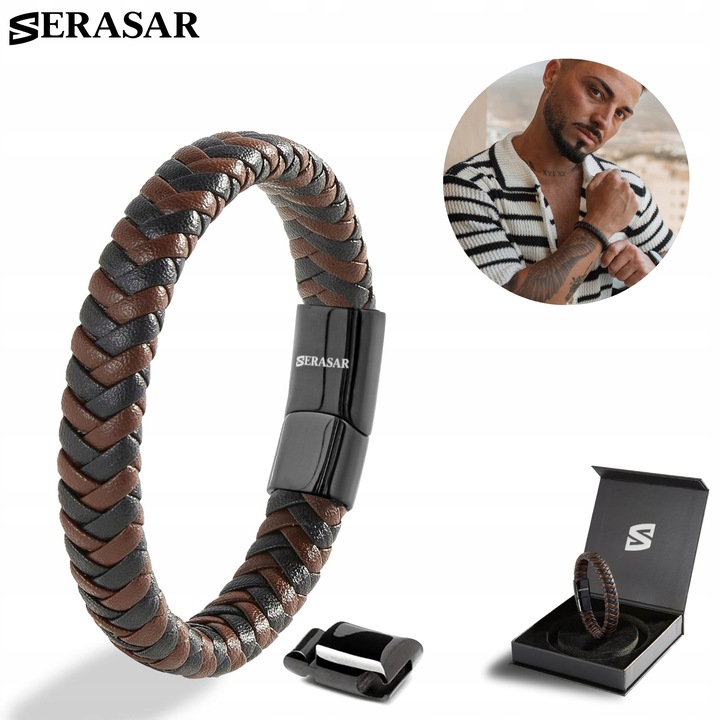 SERASAR Skórzana bransoletka dla mężczyzn [Steady] Brązowy, 20 cm