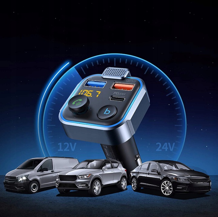 TRANSMITER FM BLUETOOTH SZYBKA ŁADOWARKA QC USB PD