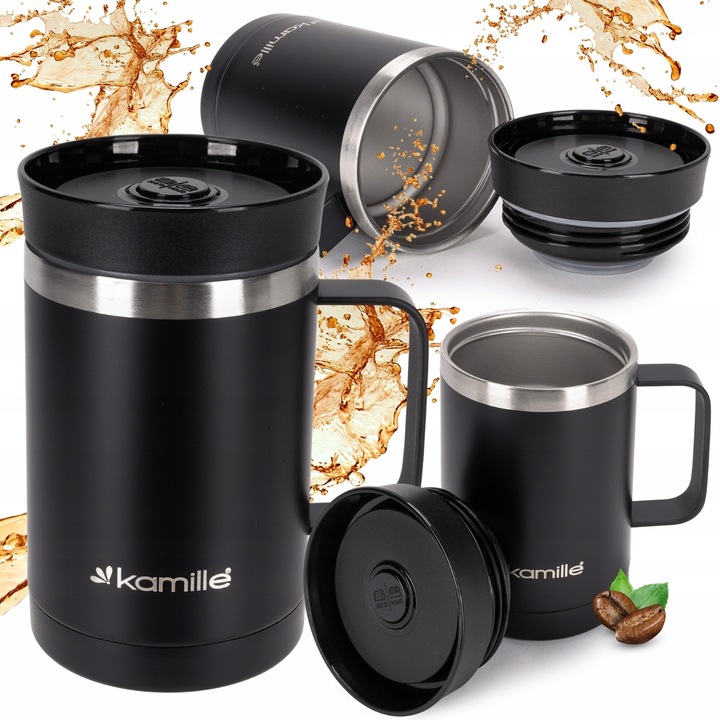 KUBEK TERMICZNY Z UCHEM TERMOS STALOWY SCZELNY pojemny bidon KAMILLE 360 ml