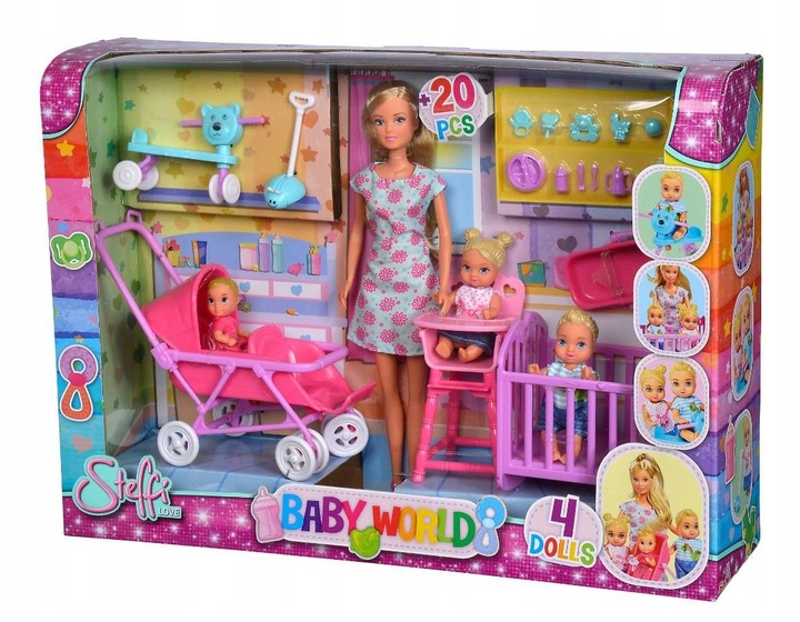 STEFFI DUŻY ZESTAW DZIECIĘCY POKÓJ LALKA BOBASY + WÓZEK ŁÓŻECZKO DLA LALEK