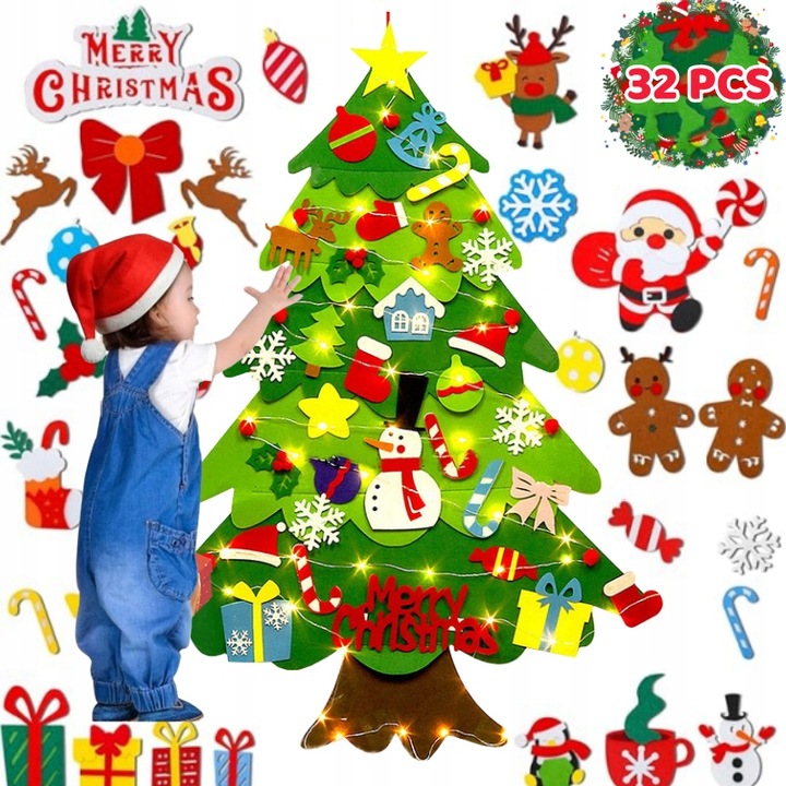 CHOINKA FILCOWA NA RZEPY Z OZDOBAMI DLA DZIECI ŚWIATEŁKA 50 LED NA ŚCIANĘ