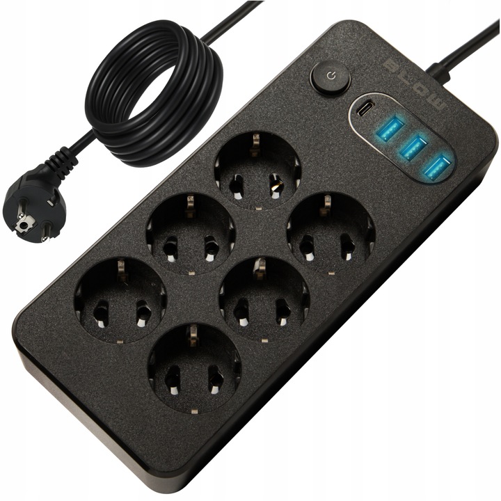 PRZEDŁUŻACZ LISTWA ZASILAJĄCA WŁĄCZNIK 3x USB 6 GNIAZD 5m TYP-C ŁADOWARKA