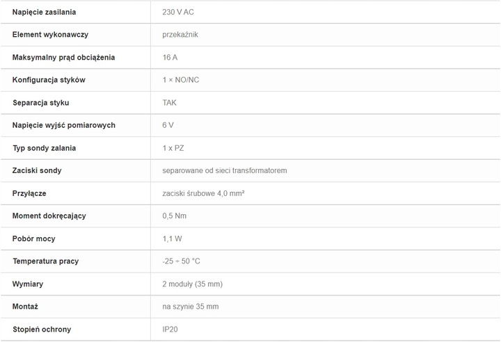PRZEKAŹNIK POZIOMU CIECZY ZALANIA 1-STANOWY 230VAC Z SONDĄ PZ F&F PZ-828