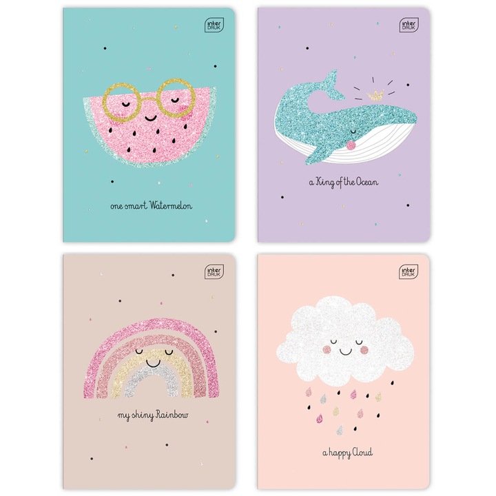 4 X ZESZYT A5 DLA DZIEWCZYNKI, 16 KARTEK, KRATKA, INTERDRUK, Brokat