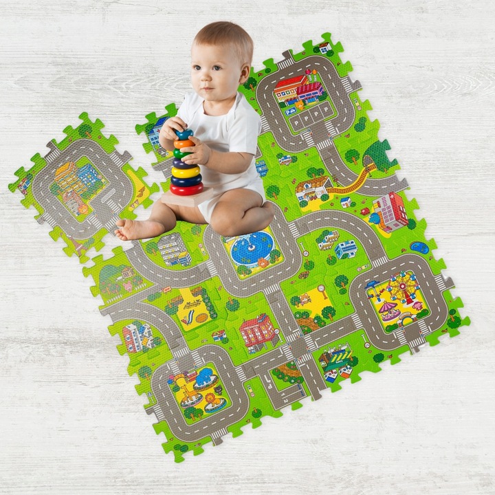 MATA EDUKACYJNA GRUBA 1cm 9szt PUZZLE PIANKOWE DLA DZIECI DROGA MIASTO