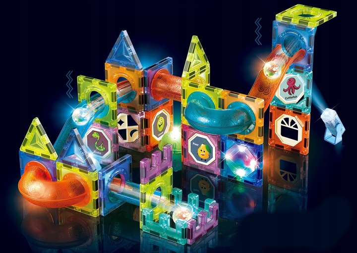 Świecące KLOCKI MAGNETYCZNE świecący tor kulkowy ZESTAW XL kulodrom 75 el.