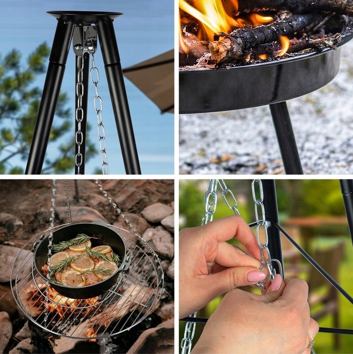 Grill Ogrodowy Wiszący Trójnóg Węglowy Palenisko Ruszt 55 cm BBQ Regulowany