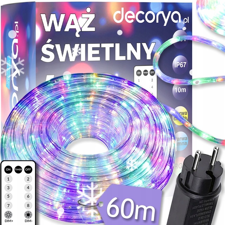 ZEWNĘTRZNY WĄŻ ŚWIETLNY LED ŚWIECĄCY ŁAŃCUCH RGB PROGRAMATOR 230V 60 metrów