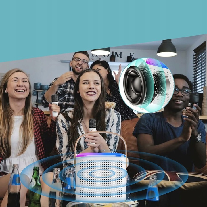 PRZENOŚNY MIKROFON BEZPRZEWODOWY KARAOKE BLUETOOTH DO IMPREZĘ + 2 MIKROFON