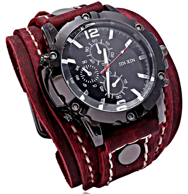 Czarny zegarek męski skórzany szeroki pasek retro casual duża tarcza MD