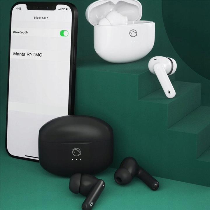 CZARNE Słuchawki Dokanałowe Bezprzewodowe MANTA Rytmo Bluetooth 5.3