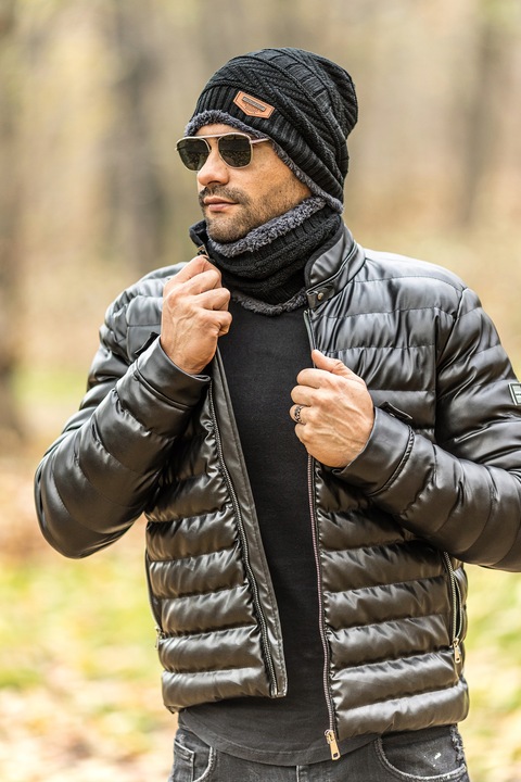 CZAPKA + KOMIN KOMPLET MĘSKI Z FUTERKIEM - CZARNY