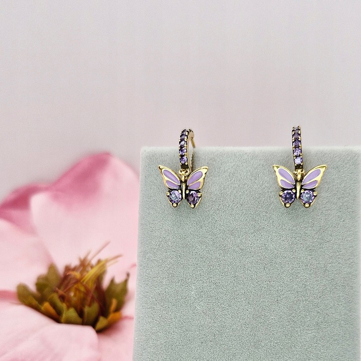 KOLCZYKI SREBRNE ZŁOCONE DZIECIĘCE MOTYLKI WISZĄCE CYRKONIE SREBRO 925