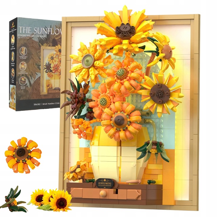 KLOCKI CREATIVE OBRAZ SŁONECZNIKI VAN GOGH PUZLE 3D ZESTAW 1166EL. Z LED