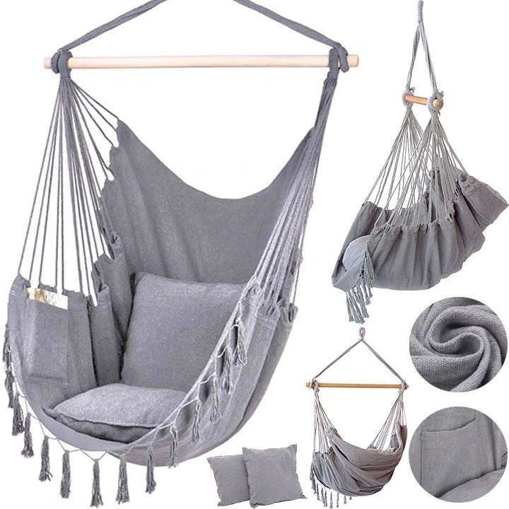 KRZESŁO BRAZYLIJSKIE FOTEL WISZĄCY HAMAK HUŚTAWKA JASNY SZARY Z PODUSZKAMI