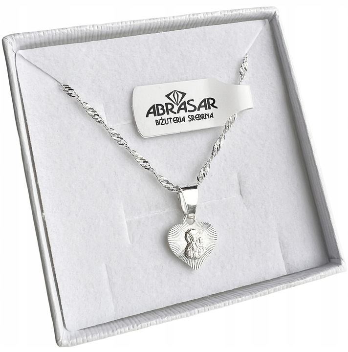 Srebrny łańcuszek 45 cm medalik serce Boska Częstochowska Komunia i Chrzest