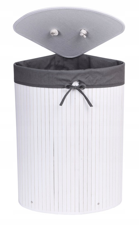 KOSZ POJEMNIK NA PRANIE BIELIZNĘ NAROŻNY BIAŁY BAMBUSOWY Z POKRYWĄ 60L