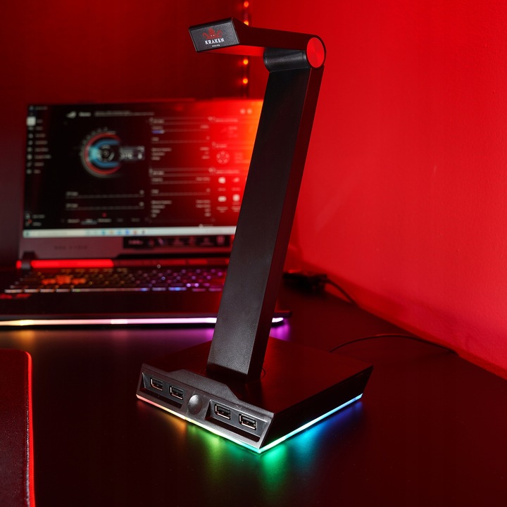 STOJAK UCHWYT NA SŁUCHAWKI LED RGB PODŚWIETLENIE HUB + 4x USB