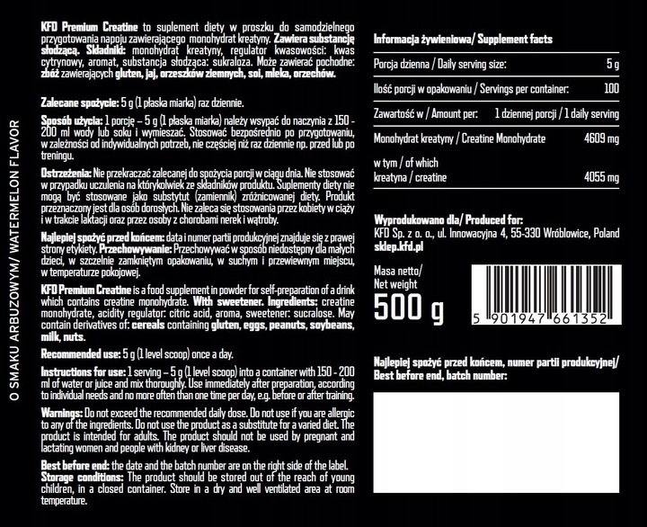 KFD PREMIUM CREATINE 500 G KREATYNA MONOHYDRAT ARBUZ