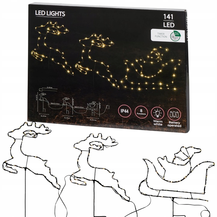 OZDOBA DEKORACJA ŚWIĄTECZNA LED RENIFERY SANIE MIKOŁAJ NA BATERIE TIMER