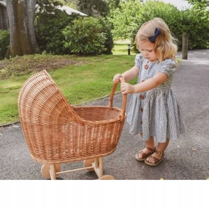 Wózek wiklinowy dla lalek NATURALNY pchacz pościel