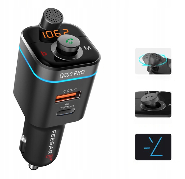 Transmiter FM Bluetooth Feegar Q200 PRO Szybka Ładowarka QC 4.0 42W Audio