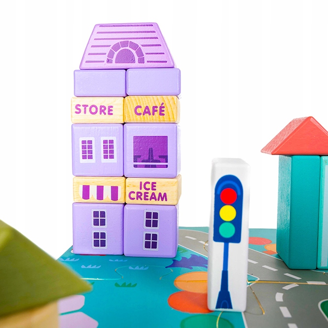 Klocki Miasto Drewniane Auta Zestaw + Puzzle Mata 115 Klocków Edukacyjne