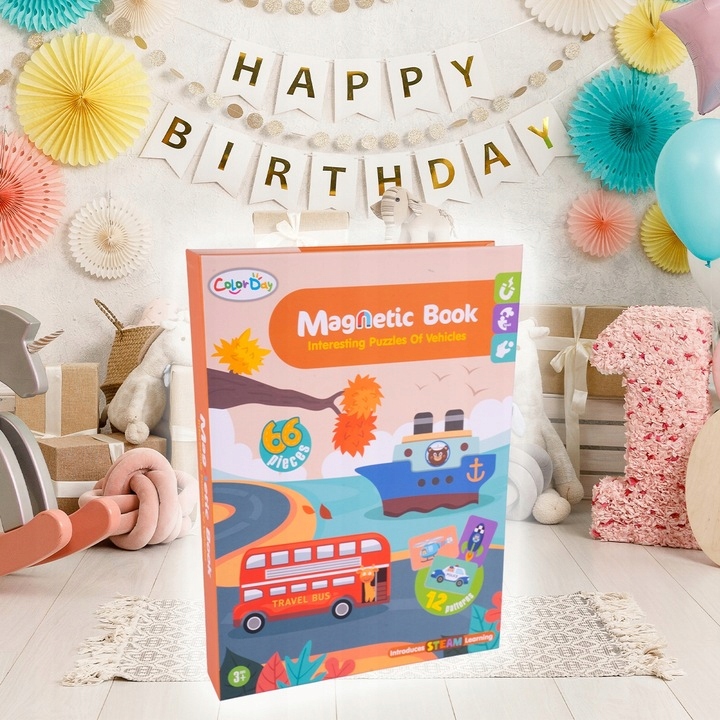 UKŁADANKA MAGNETYCZNA KSIĄŻECZKA PUZZLE POJAZDY 12 NA MAGNES 65 ELEMENTÓW