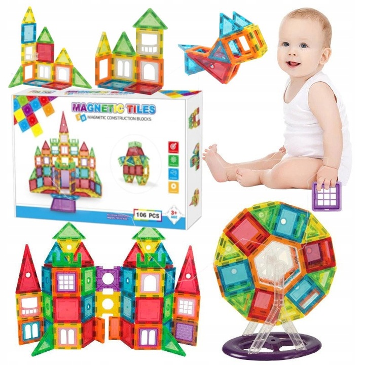 DUŻE KLOCKI MAGNETYCZNE KONSTRUKCYJNE 3D PANELE MAGNETIC TILES 106 elem. A