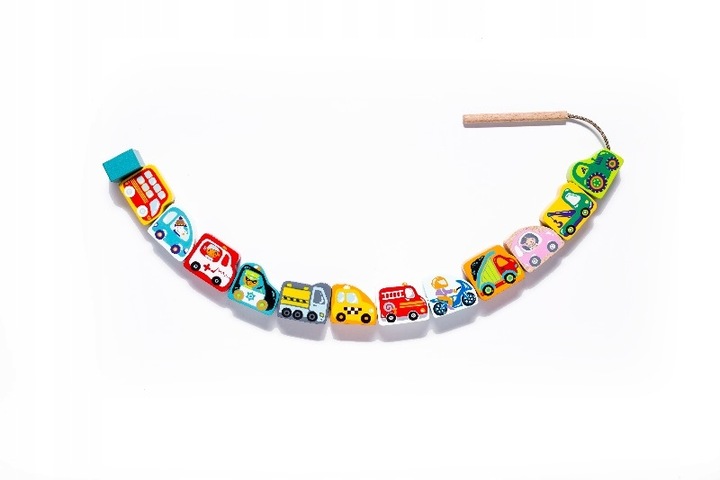 AUTKA NA SZNURKU SAMOCHODZIKI DREWNIANE NAWLEKANKA ZESTAW KOLOROWY