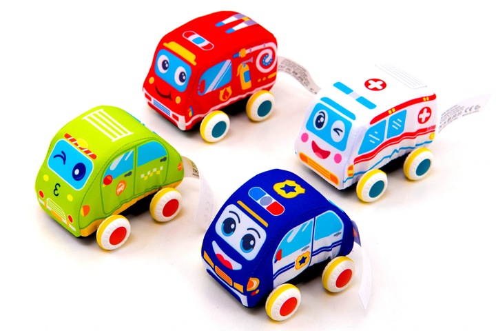 PLUSZOWE MIĘKKIE AUTKA SAMOCHODZIKI Z NAPĘDEM ZESTAW 4 SZTUK