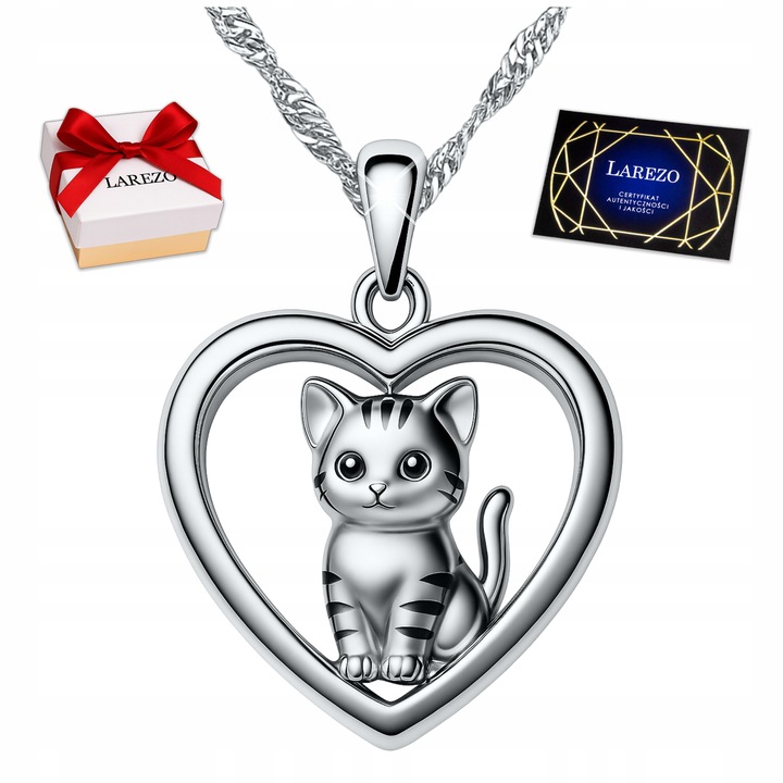 Naszyjnik Srebrny Serce z Kotkiem Kot Kotek Serduszko z Pupilem SREBRO 925