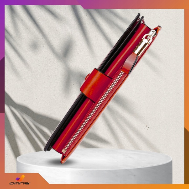 Portfel damski skórzany duży lakierowany pojemny RFID z paskiem czerwony