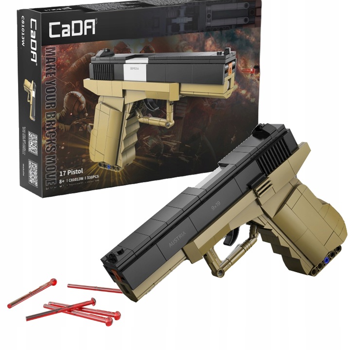 KLOCKI CADA BROŃ GLOCK 17 MECHANICZNY PISTOLET 338 ELEMENTÓW + 5 NABOI
