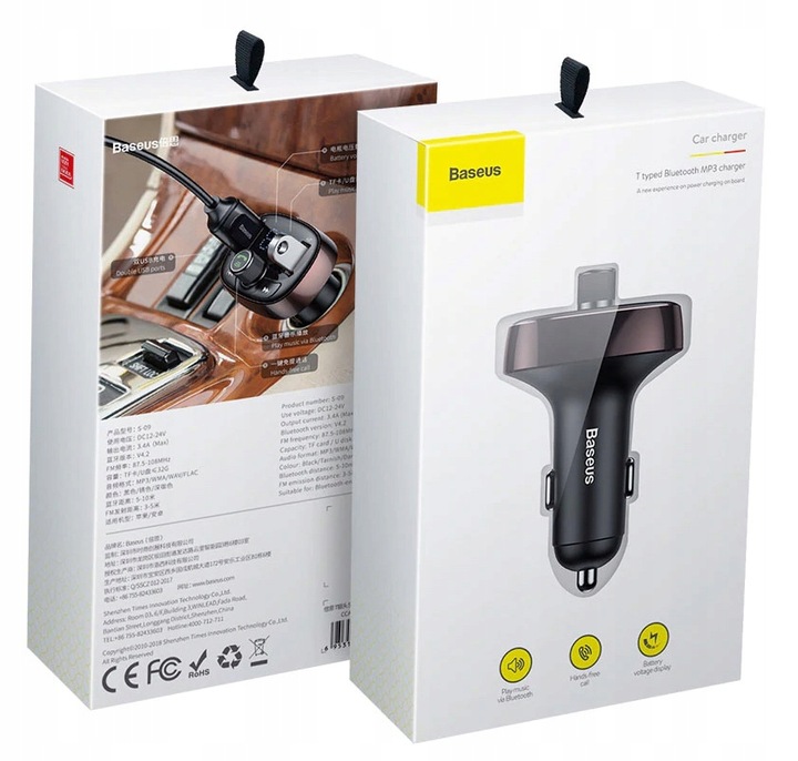 BASEUS TRANSMITER FM BLUETOOTH ŁADOWARKA SAMOCHODOWA MP3 2x USB SD/ TF 3.4A