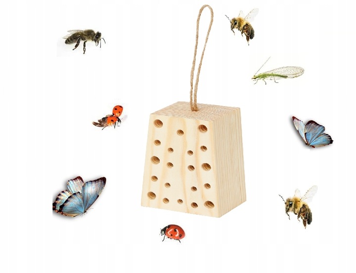 BUDKA LĘGOWA DOMEK HOTEL MOTYLI Z KORĄ + KLOCEK DLA OWADÓW TRAPEZ Z DREWNA