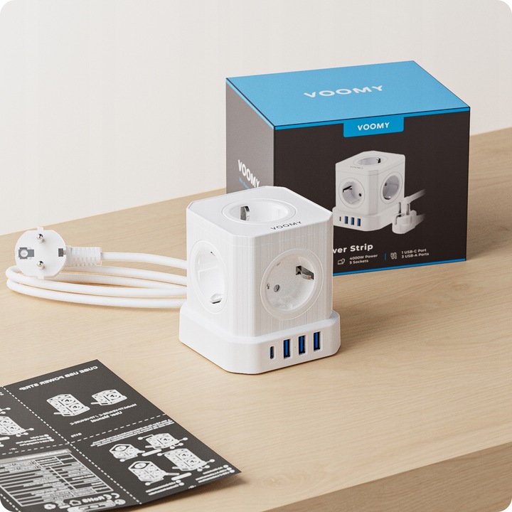 Biały Listwa Zasilająca Voomy PowerCube S6 z Jednym USB-C i Trzema USB-A