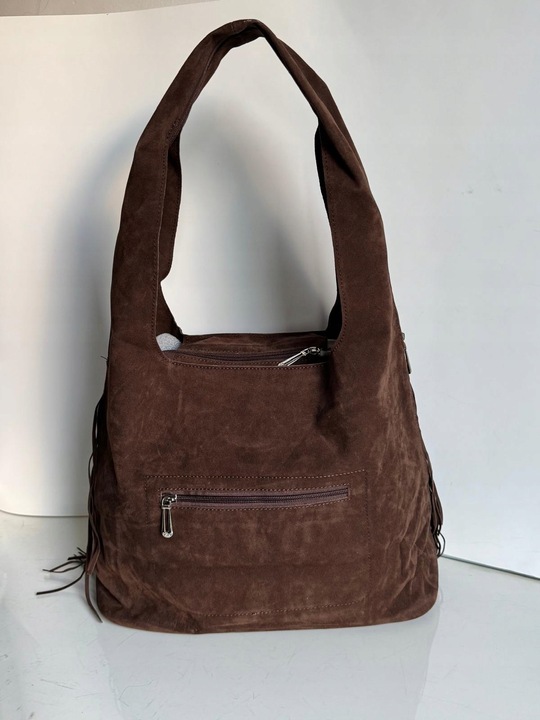 Torba Flora&Co torebka frędzle worek zamsz zamszowa eco brązowa czekoladowy