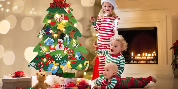 CHOINKA FILCOWA NA RZEPY Z OZDOBAMI DLA DZIECI ŚWIATEŁKA 50 LED NA ŚCIANĘ