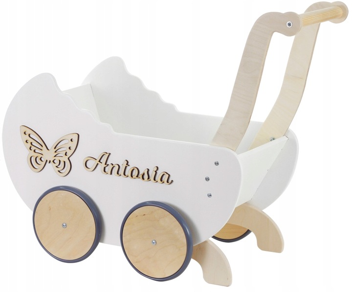 drewniany WÓZEK DLA LALEK + IMIĘ POŚCIEL stopery