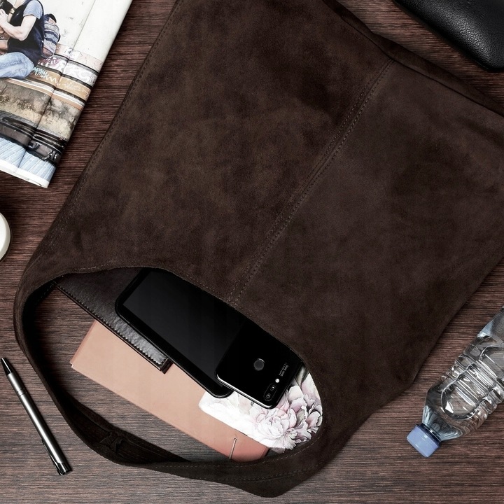 CZEKOLADOWA ZAMSZOWA TOREBKA WOREK BRĄZOWA TOREBKA ZAMSZ NATURALNY ZAMEK A4