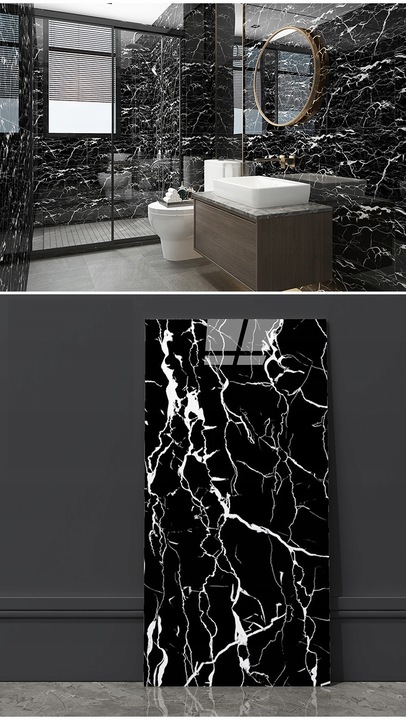 PANEL ŚCIENNY SAMOPRZYLEPNY PŁYTKA PCV CZARNY MARMUR SMUGI 60x30cm POŁYSK