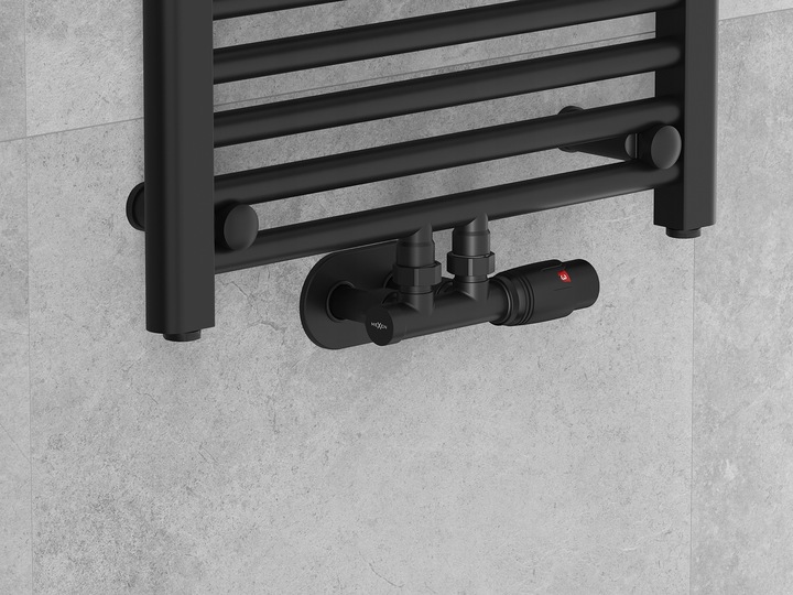 MEXEN G00 ZESTAW TERMOSTATYCZNY KĄTOWY Z MASKOWNICĄ R DUPLEX DN50 CZARNY